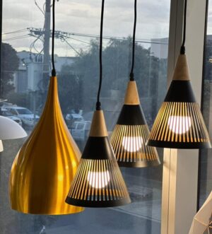 Set of 3 Black & Wood Slatted Cone Pendant Lights – Modern Scandinavian Cluster