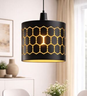 Hexagon Cutout Black Cylinder Pendant Light – Modern Geometric Ceiling Lamp