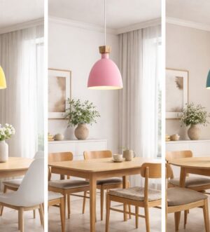 Nordic Pastel Dome Pendant Lights – Yellow, Pink & Blue Wooden Accent Lamps