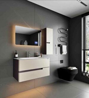 Modern Floating Vanity Set with LED Mirror and Side Cabinet – Cream Matte Finish