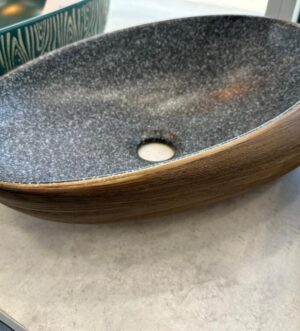 Wood-Look Oval Basin with Textured Stone Interior