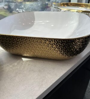 White & Gold Luxury Basin – Premium Textured Square Design