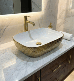 White & Gold Luxury Basin – Premium Textured Square Design