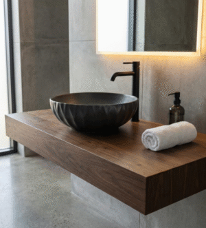 Matte Black Ripple-Edge Round Basin – Modern Minimalist Design