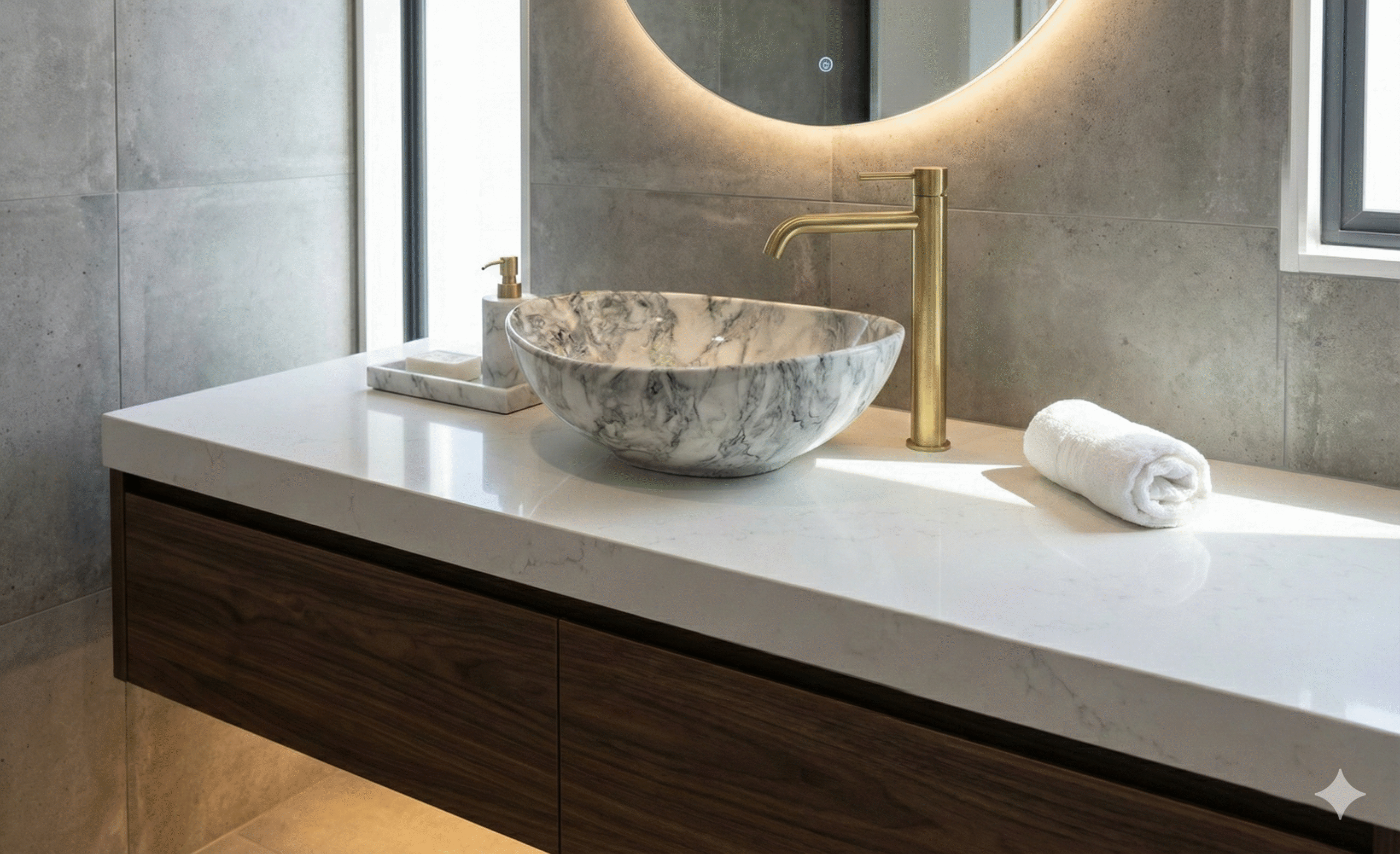 Grey Marble-Effect Round Basin – Elegant Natural Stone Look