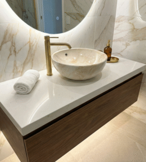 Natural Stone-Look Round Basin with Overflow – Cream & Beige Marble Finish