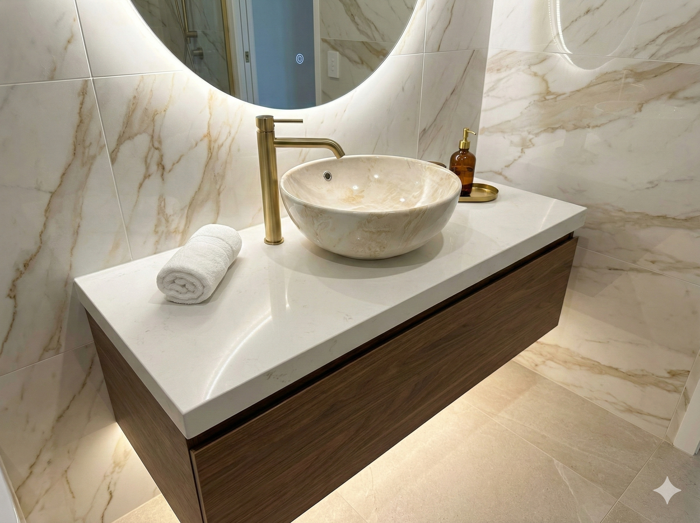 Natural Stone-Look Round Basin with Overflow – Cream & Beige Marble Finish