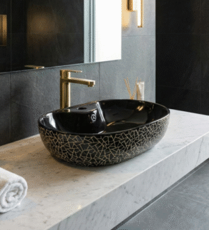 Black Bowl Basin With Gold Web Pattern – Luxury Designer Sink