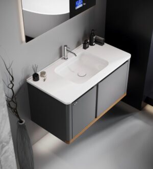 Modern Floating Vanity Set with LED Mirror – Grey and Wood Finish
