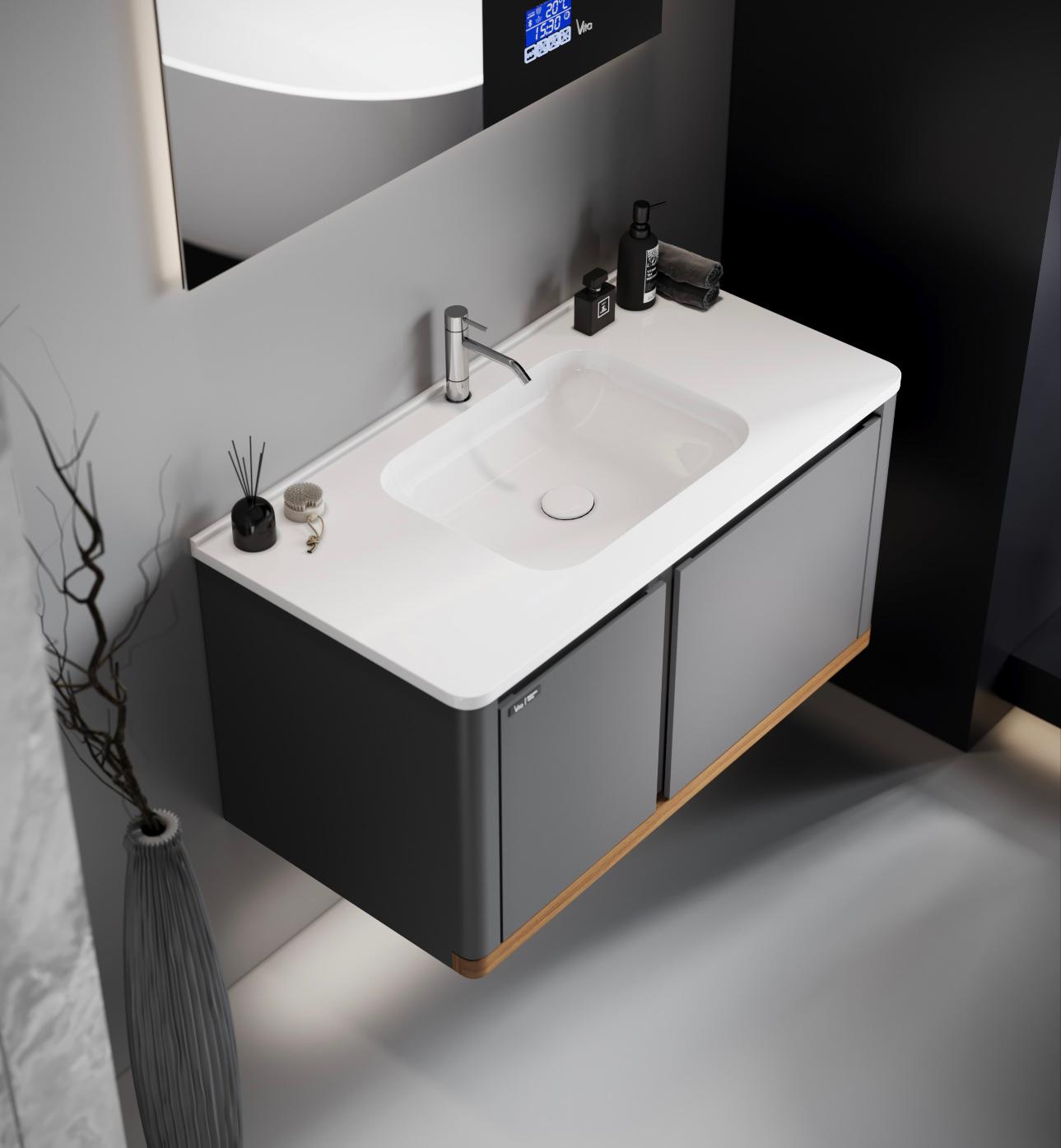 Modern Floating Vanity Set with LED Mirror – Grey and Wood Finish - Image 2