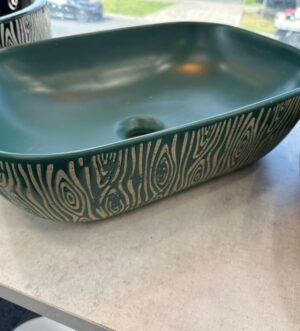 Green Textured Ceramic Basin – Woodgrain Pattern Design