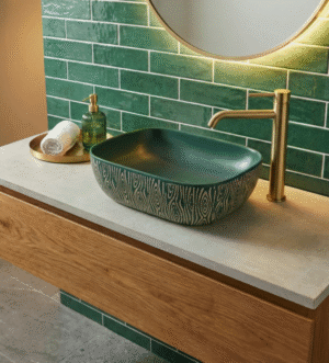 Green Textured Ceramic Basin – Woodgrain Pattern Design