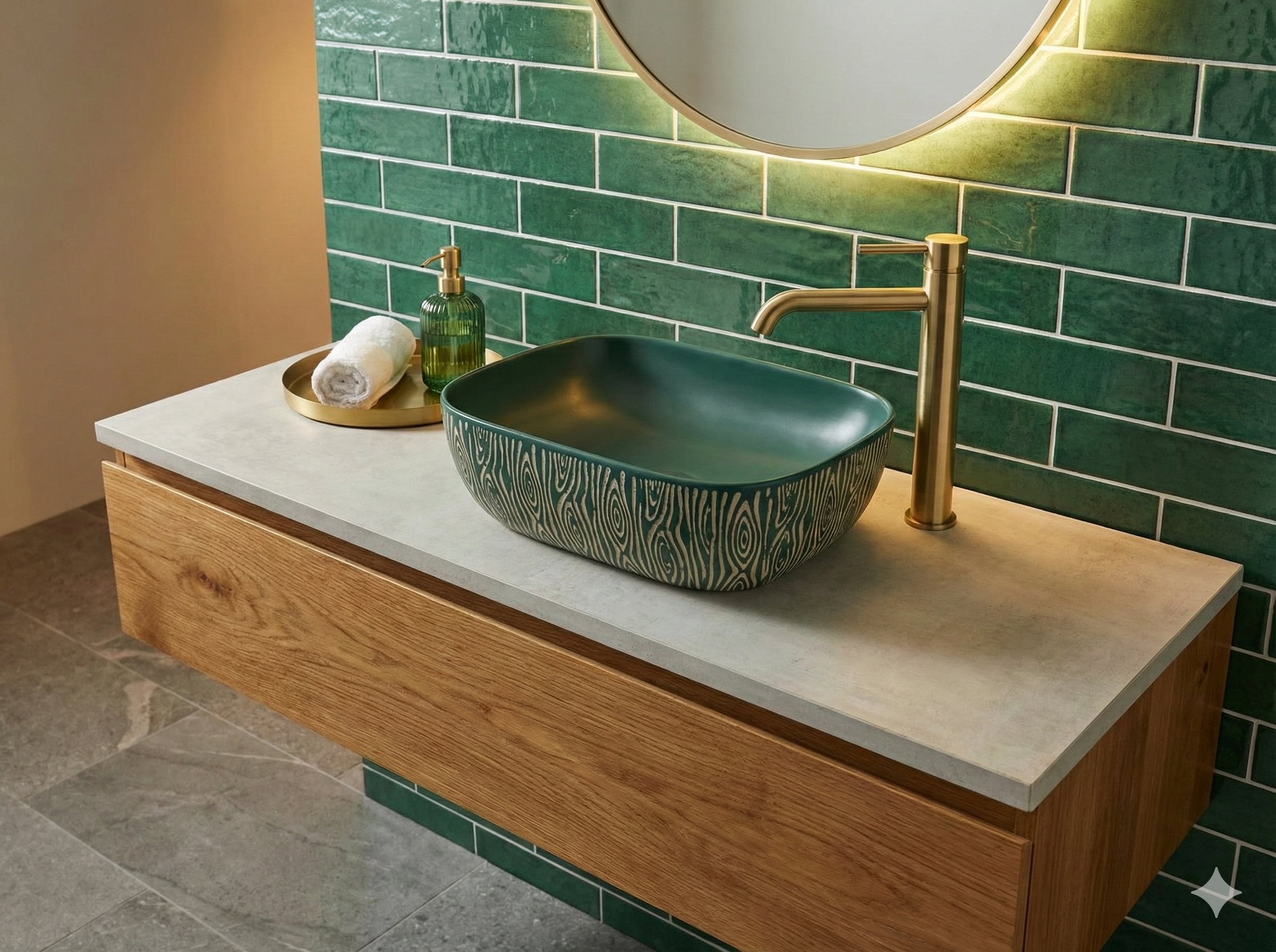 Green Textured Ceramic Basin – Woodgrain Pattern Design