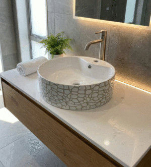 White & Grey Textured Round Basin – Modern Patterned Design