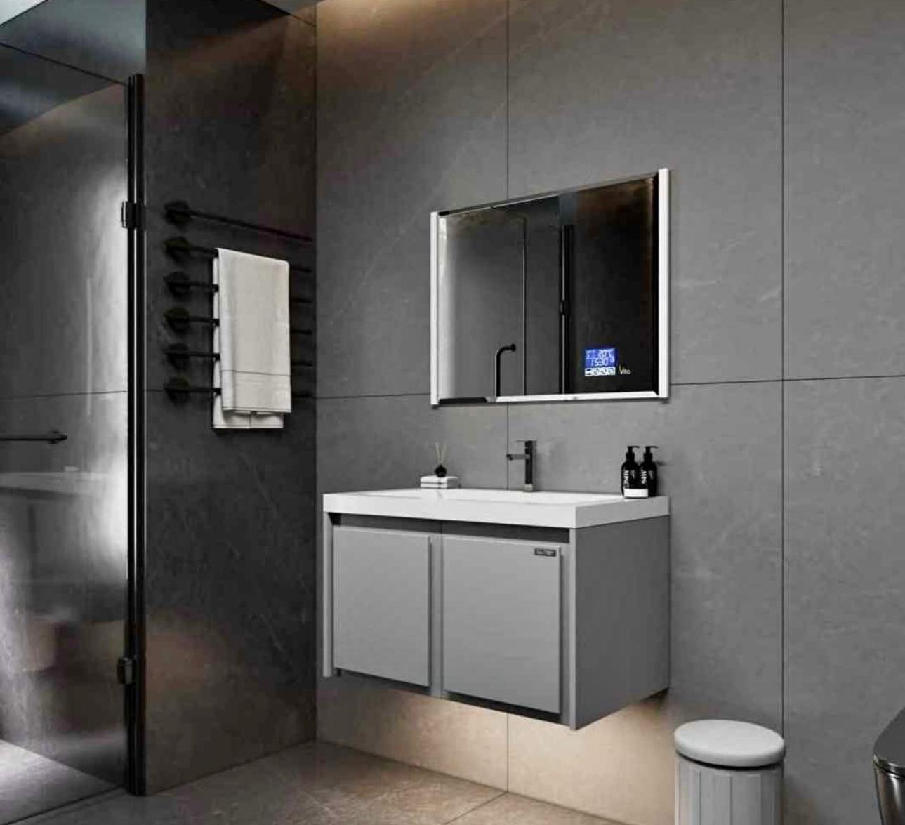 Modern Floating Vanity Set with LED Mirror – Grey and Wood Finish