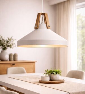 Scandi Beige Pendant Light with Timber Detail – Modern Minimalist Design