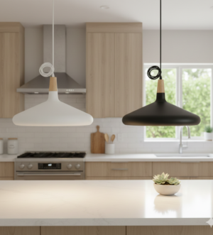 Modern Pendant Light – Matte Black or Matte White with Natural Wood Accent
