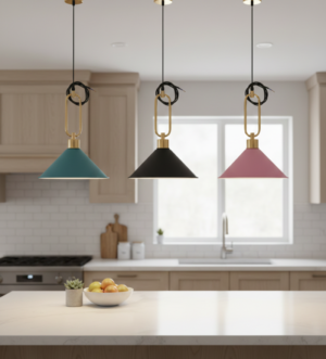 Luxury Cone Pendant Light with Gold Frame – Black, Pink, or Teal
