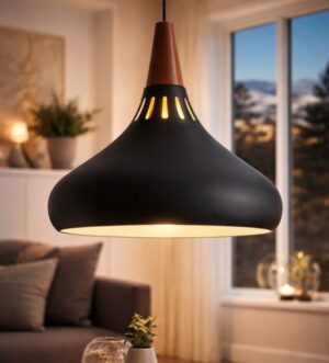 Matte Black & Wood Retro Pendant Light – Scandinavian Vintage Ceiling Lamp