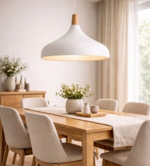 Modern White Pendant Light with Timber Accent – Minimal Scandinavian Design